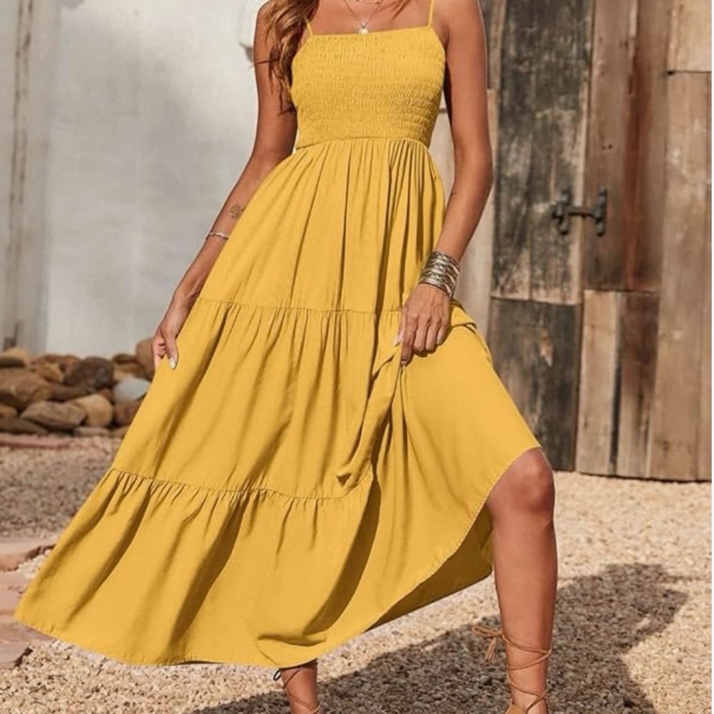 Sunlit Yellow Smocked Midi Dress | Relaxed Boho Summer Dress l Size L
